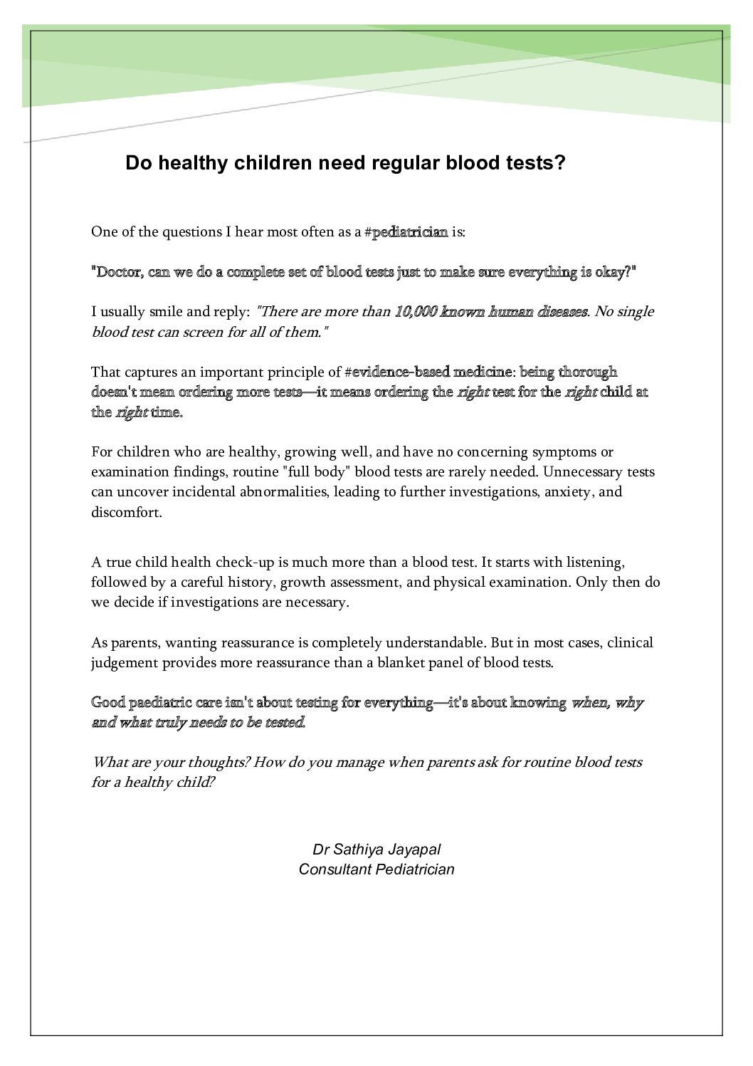 Do healthy children need regular blood tests?