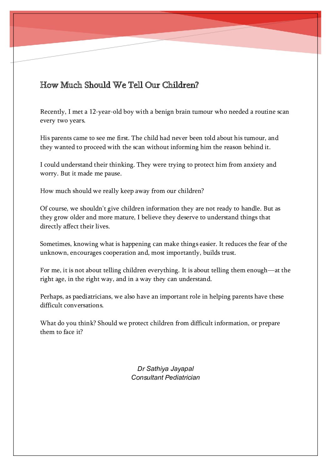 How much should we tell our children?