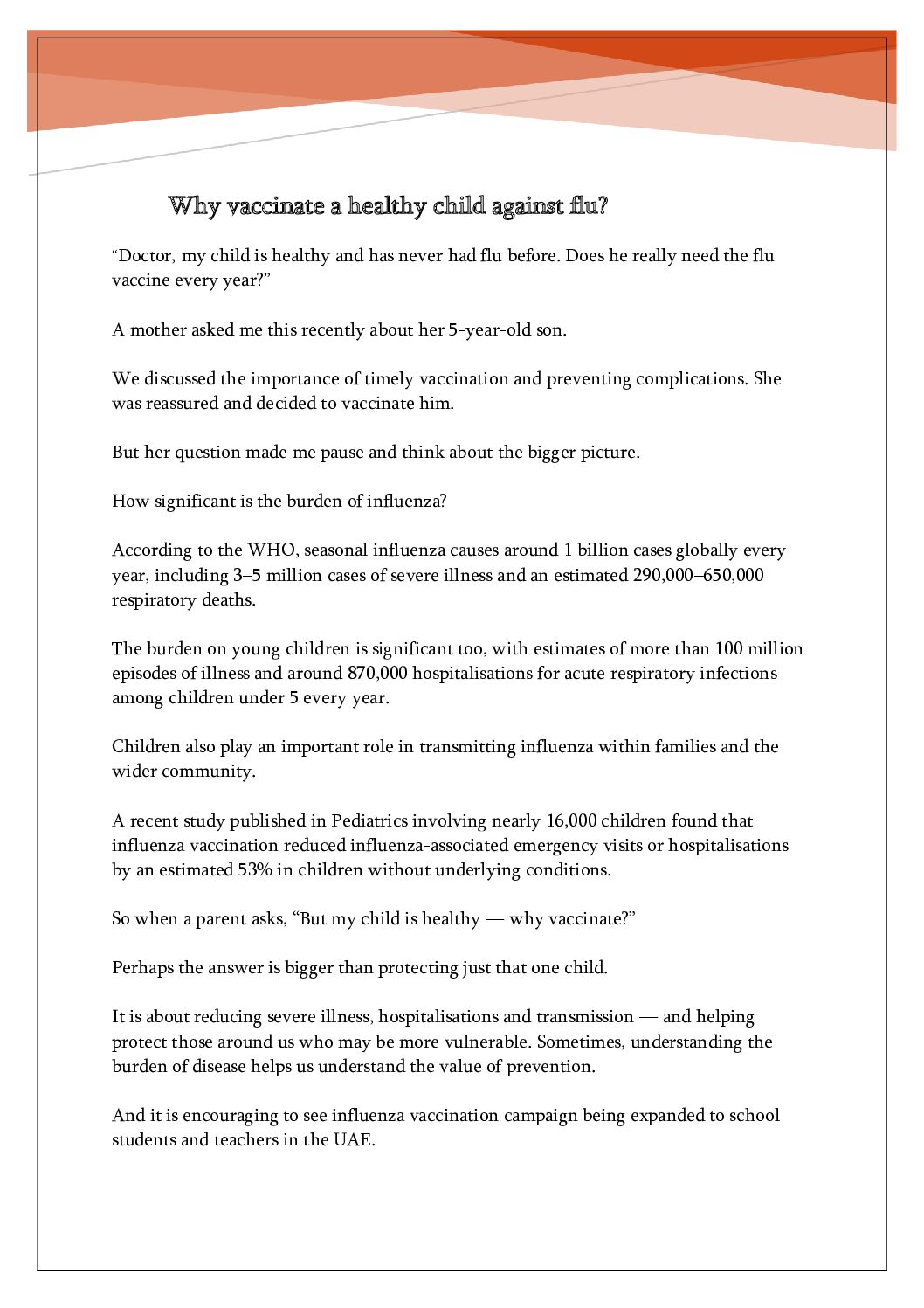 Why vaccinate a healthy child against flu?